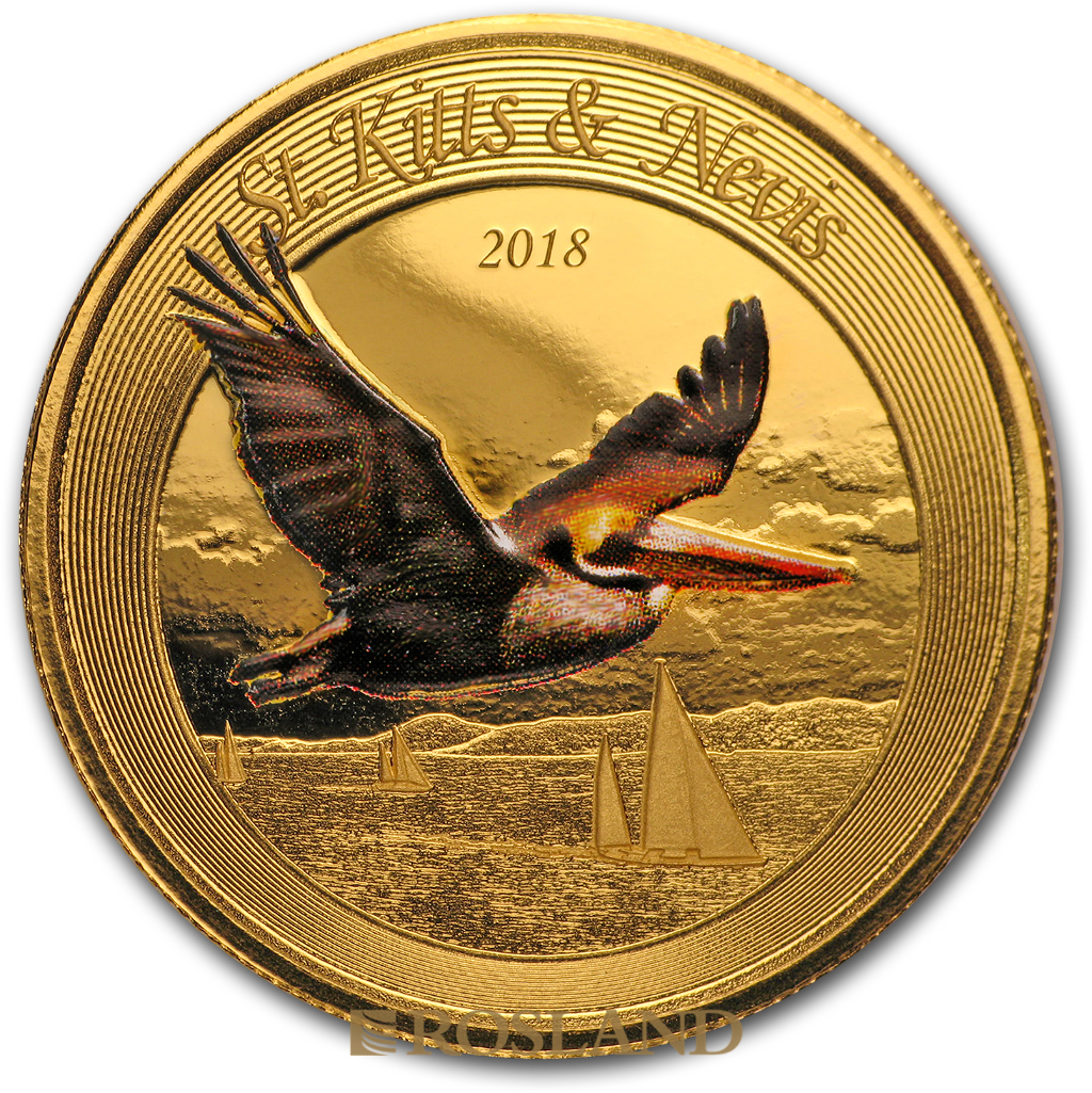 1 Unze Goldmünze EC8 St. Kitts & Nevis Pelikan 2018 PP (Koloriert, Box, Zertifikat)