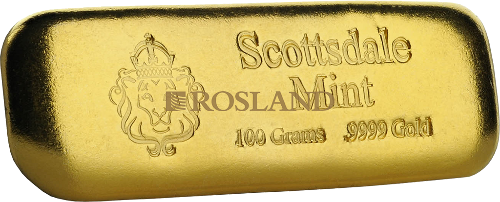 100 Gramm Goldbarren Scottsdale Mint Löwe