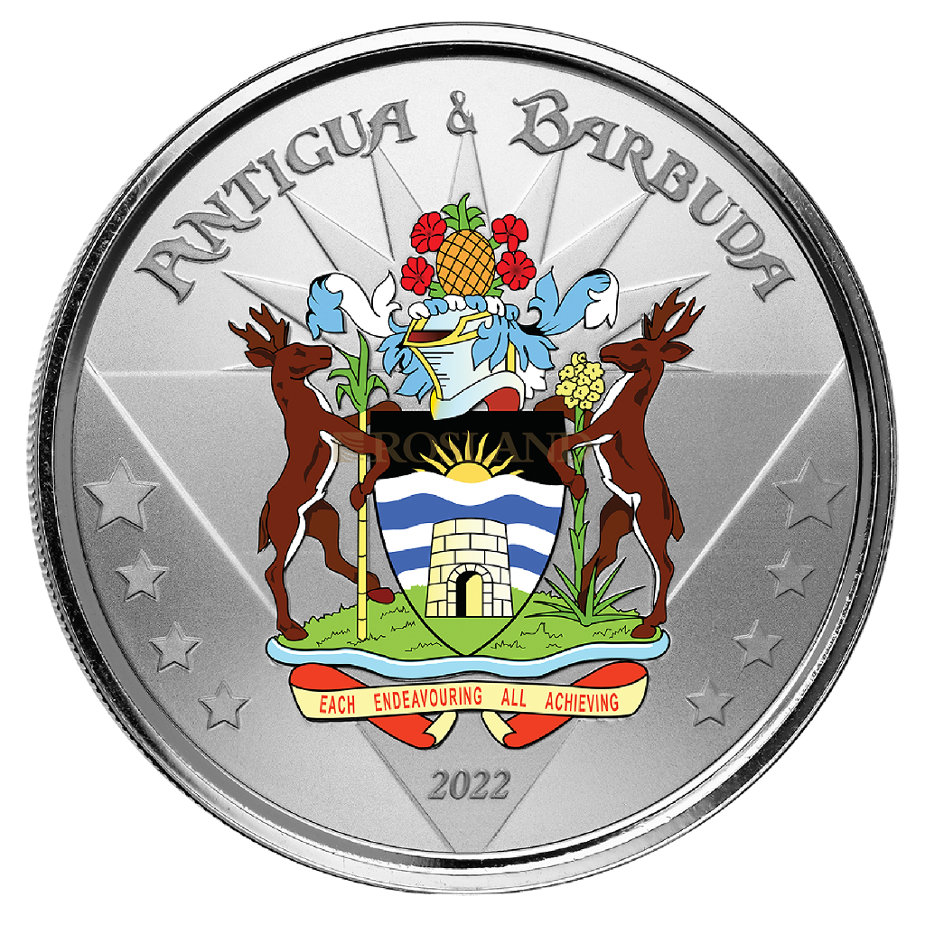 1 Unze Silbermünze EC8 Antigua & Barbuda Coat of Arms 2022 PP (Koloriert, Box)