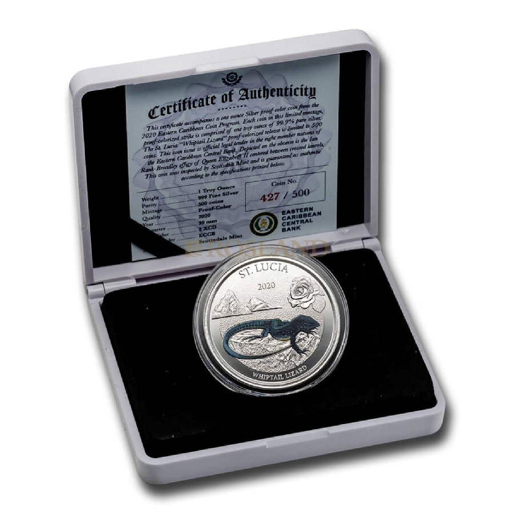 1 Unze Silbermünze EC8 St. Lucia Whiptail Lizard 2020 PP (Koloriert, Box)
