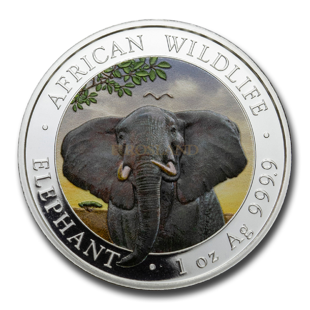 1 Unze Silbermünze Somalia Elefant 2021 (Koloriert)