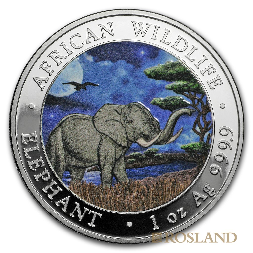 2 Silbermünzen Set Somalia Elefant Tag und Nacht 2019 (Box, Zertifikat, Koloriert)