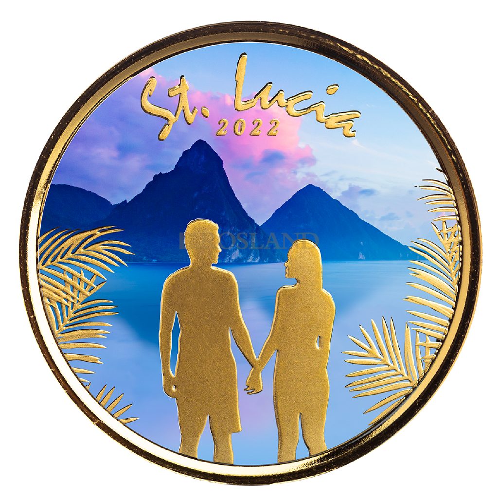 1 Unze Goldmünze EC8 St. Lucia Loving Couple 2022 PP (Koloriert, Box, Zertifikat)