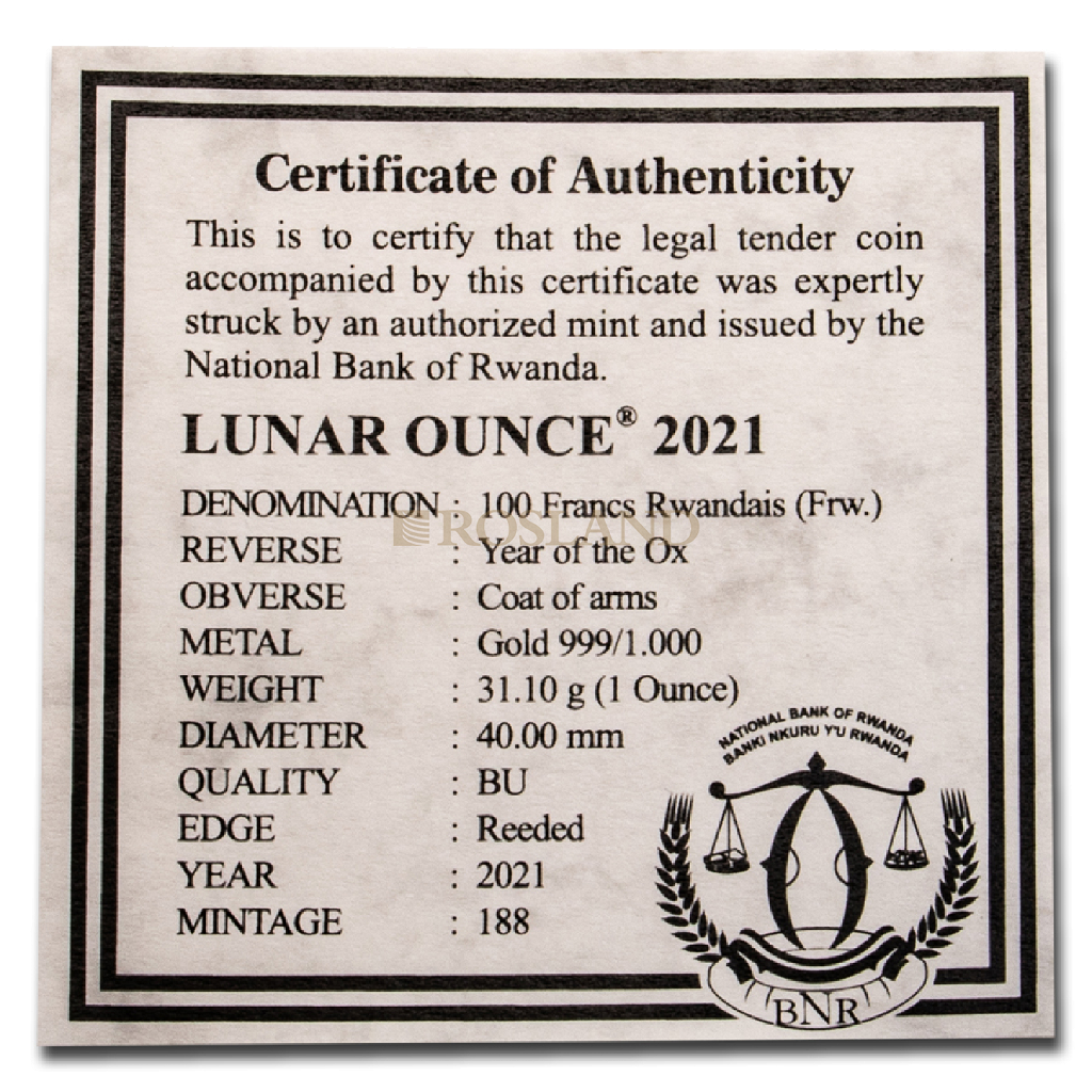 1 Unze Goldmünze Ruanda Lunar Ochse 2021 (Box, Zertifikat)