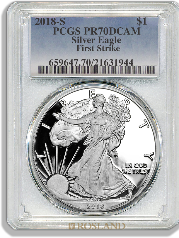 1 Unze Silbermünze American Eagle 2018 (S) PP PCGS PR-70 (FS, DCAM)