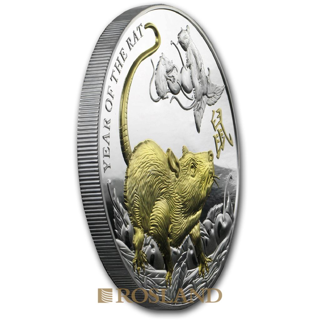 5 Unzen Silbermünze Jahr der Ratte 2020 PP (Vergoldet, Box, Zertifikat)