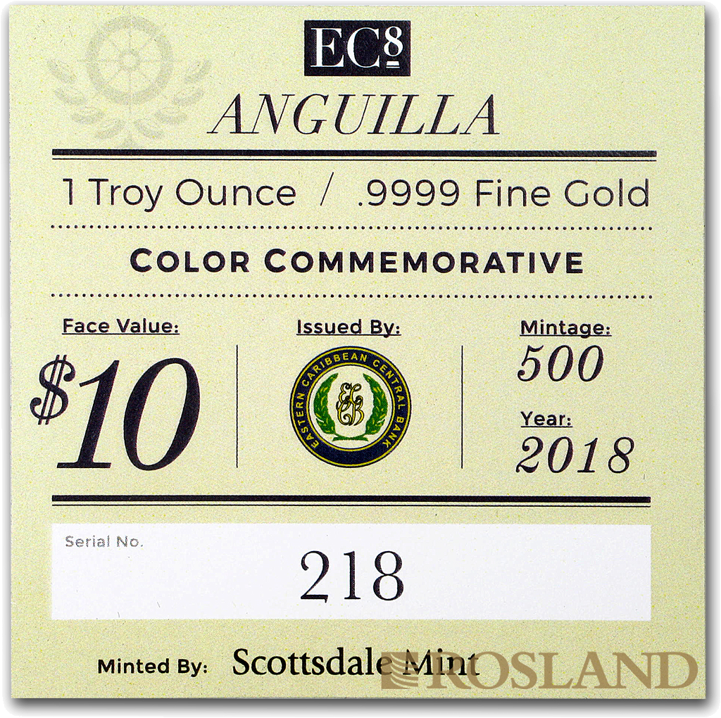 1 Unze Goldmünze EC8 Anguilla Lobster 2018 PP (Koloriert, Box, Zertifikat)
