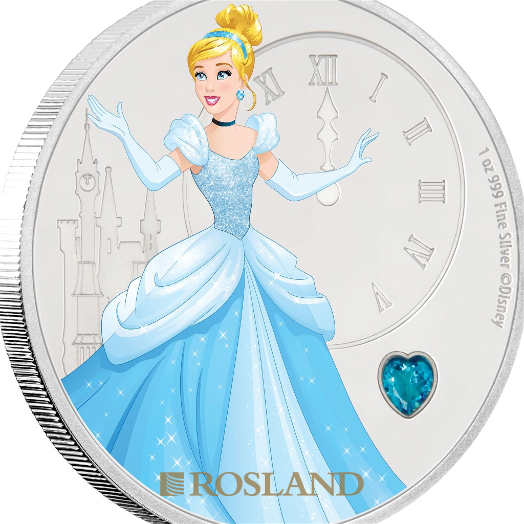 1 Unze Silbermünze Disney© Prinzessin Cinderella 2018 PP (Edelstein, Koloriert, Box, Zertifikat)