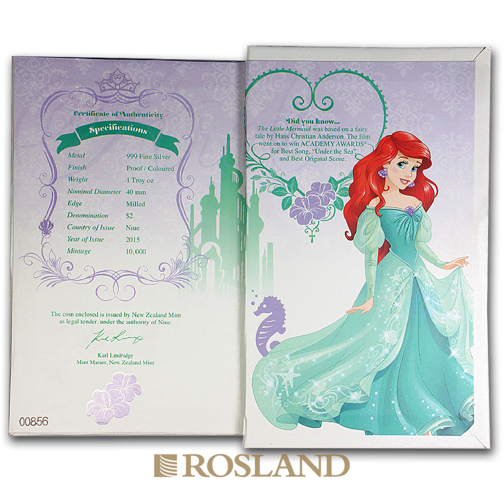 1 Unze Silbermünze Disney© Prinzessin Ariel 2015 PP (Koloriert, Box, Zertifikat)