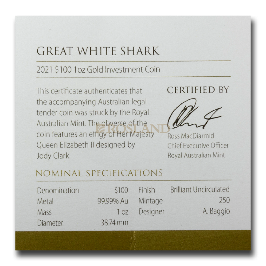 1 Unze Goldmünze RAM Australia's Most Dangerous Great White Shark 2021 (Box, Zertifikat)