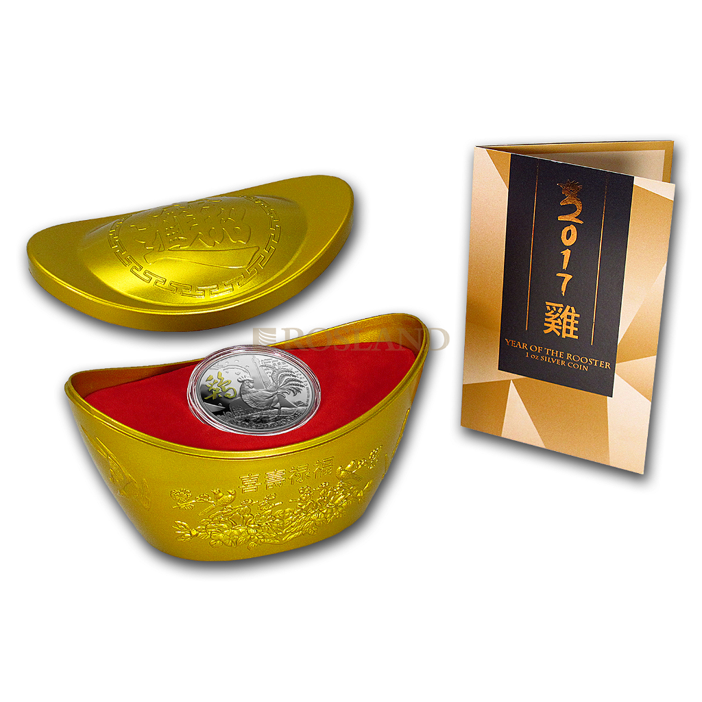 1 Unze Silbermünze Niue Lunar Jahr des Hahns 2017 PP (Vergoldet, Box, Zertifikat)