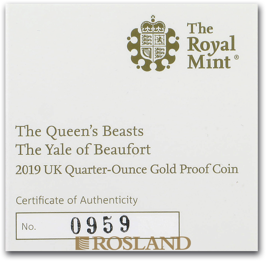 1/4 Unze Goldmünze Queens Beasts Yale 2019 PP (Box, Zertifikat)