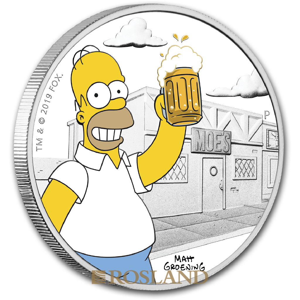 1 Unze Silbermünze Tuvalu Simpsons Homer 2019 PP (Koloriert, Box, Zertifikat)