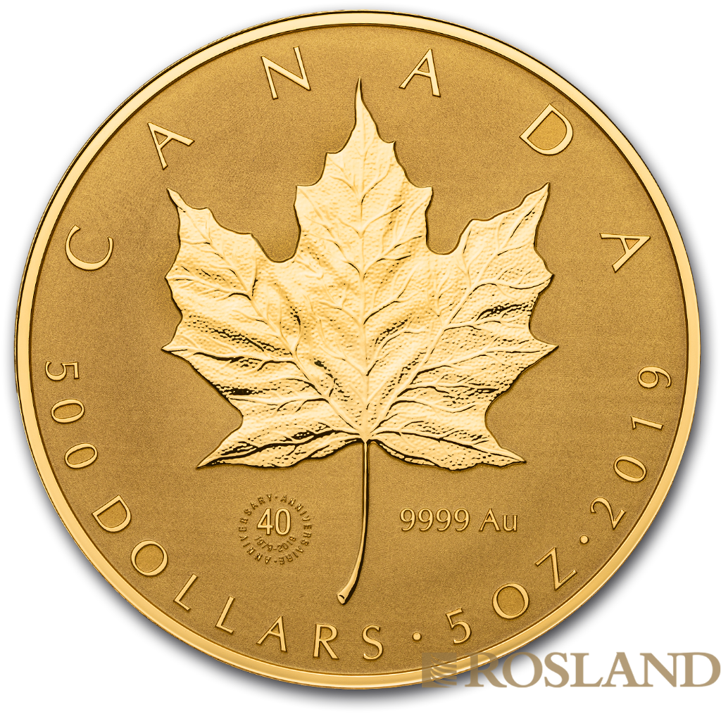 5 Unzen Goldmünze Kanada Maple Leaf 2019 40 Jahre Jubiläum PP (Box, Zertifikat)