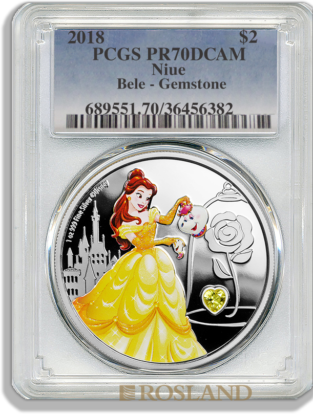 1 Unze Silbermünze Disney© Prinzessin Belle 2018 PP PCGS PR-70 (DCAM, Edelstein, Koloriert)