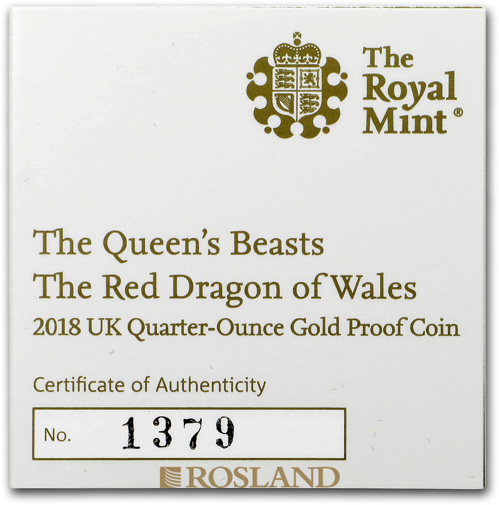 1/4 Unze Goldmünze Queens Beasts Red Dragon 2018 PP (Box, Zertifikat)