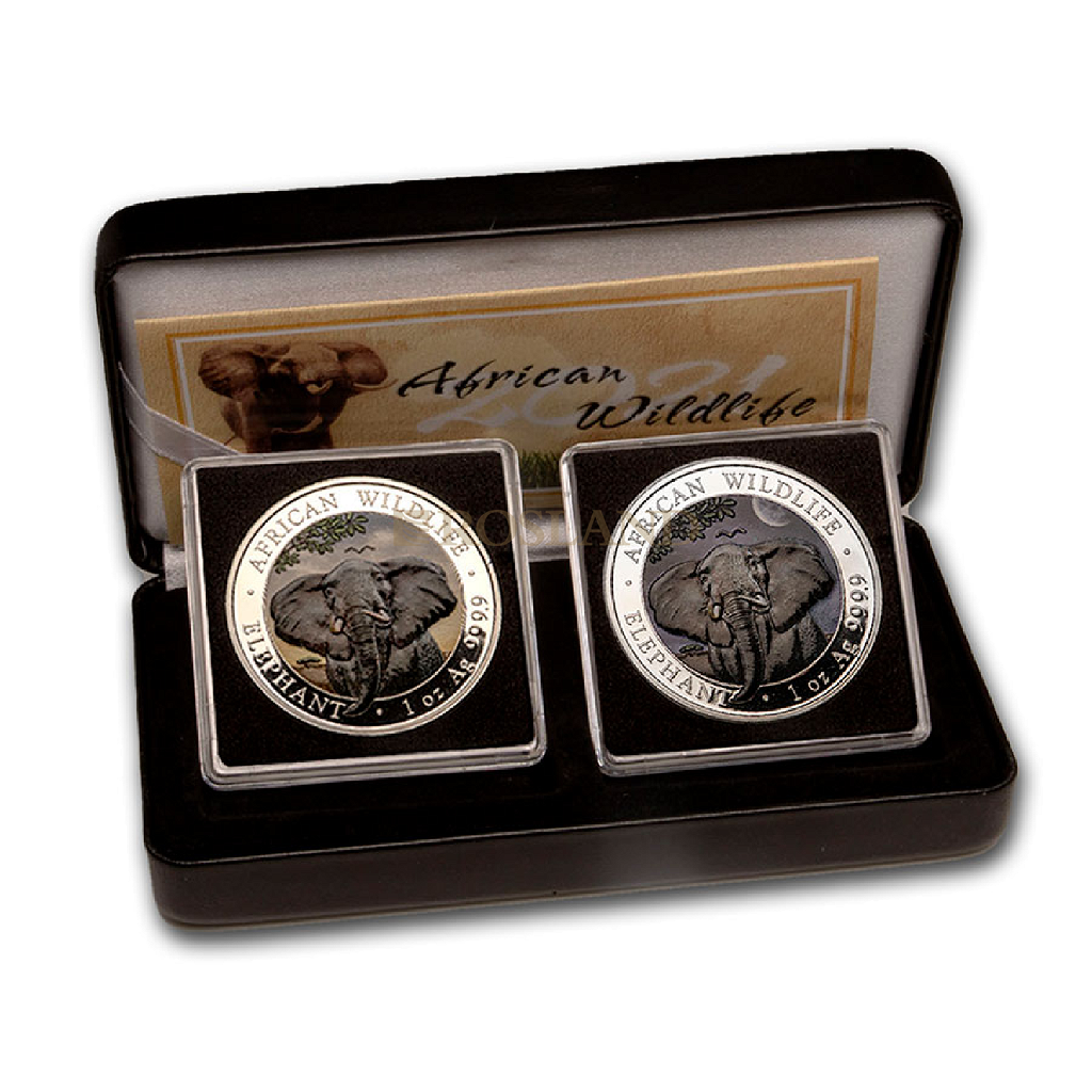 2 Silbermünzen Set Somalia Elefant Tag und Nacht 2021 (Box, Zertifikat, Koloriert)