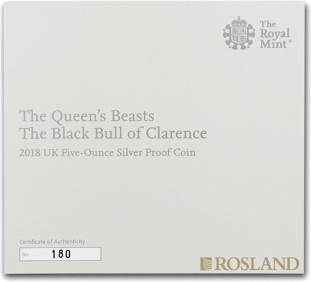5 Unzen Silbermünze Queens Beasts Black Bull 2018 PP (Box, Zertifikat)