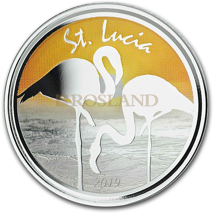 1 Unze Silbermünze EC8 St. Lucia Pink Flamingo 2019 PP (Koloriert, Box)