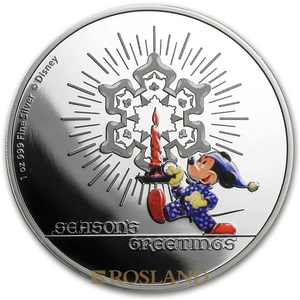 1 Unze Silbermünze Disney® Micky Maus Season's Greetings 2016 PP (Koloriert, Box, Zertifikat)