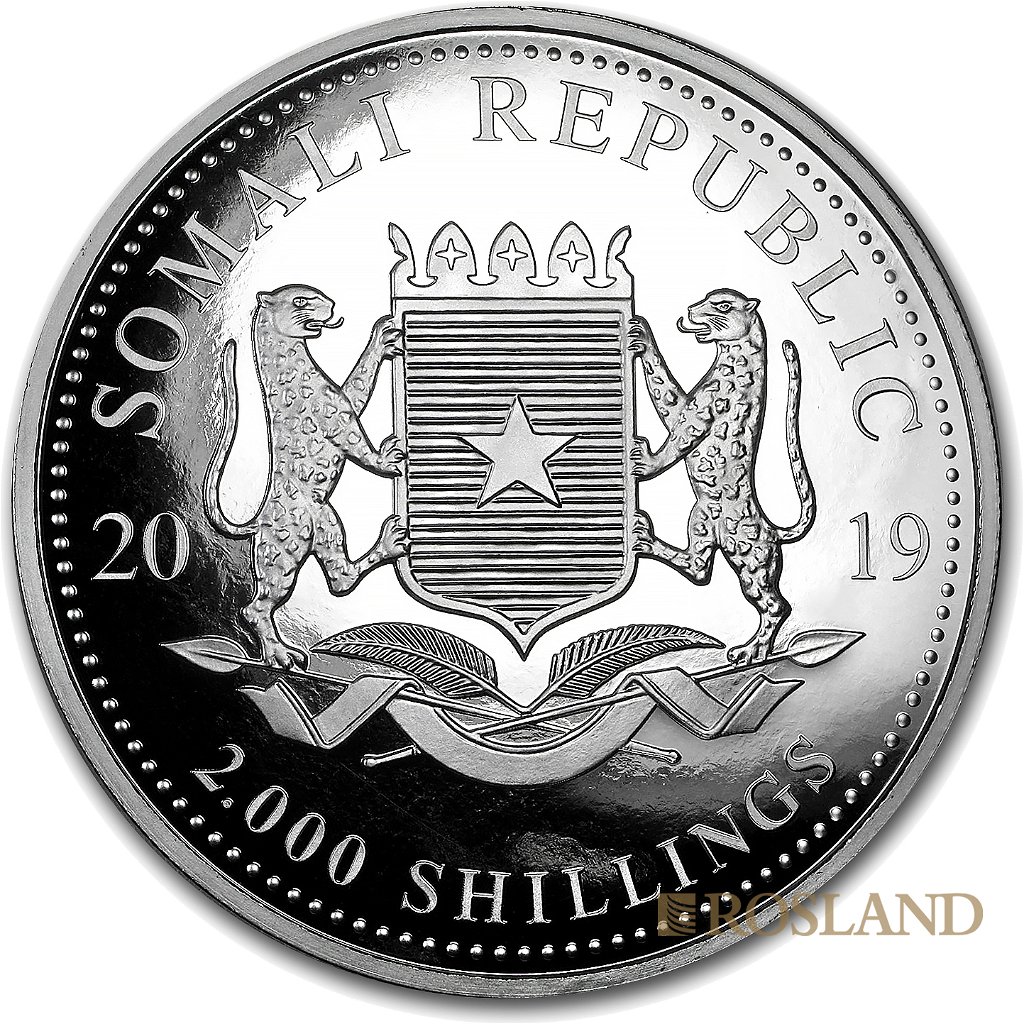 1 Kilogramm Silbermünze Somalia Elefant 2019 Riesenmond PL (Koloriert, Box, Zertifikat)