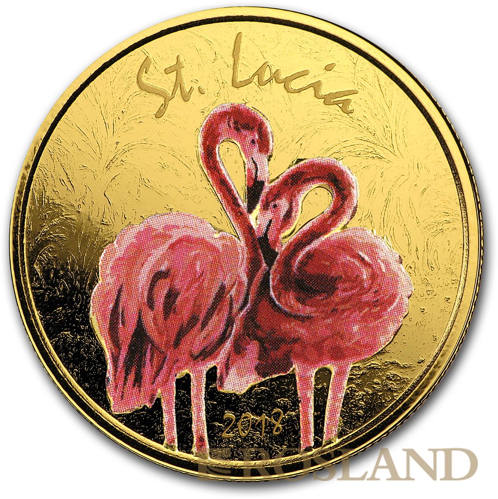 1 Unze Goldmünze St. Lucia Flamingo 2018 (Koloriert, Box)