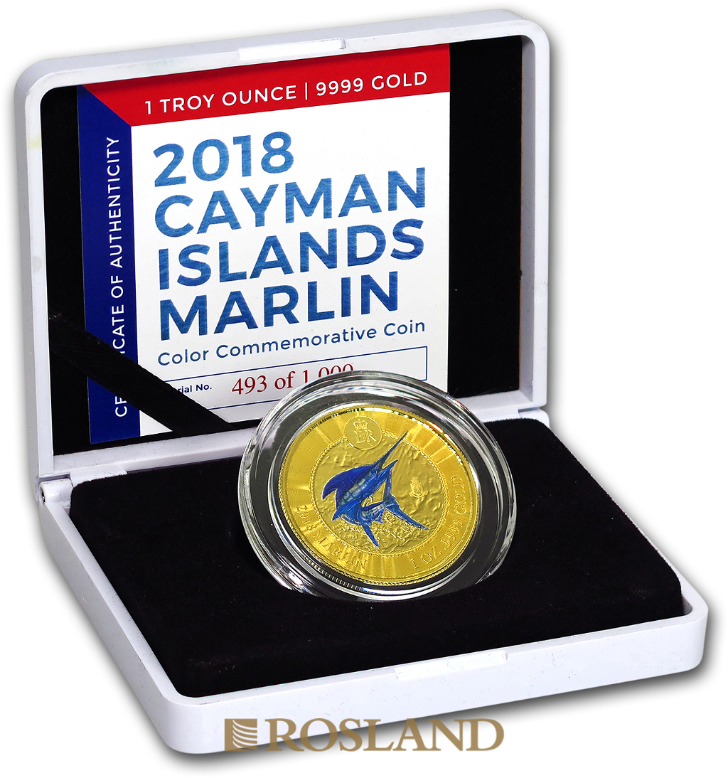 1 Unze Goldmünze Cayman Islands Marlin (Sperrfisch) 2018 PP (Koloriert, Box)