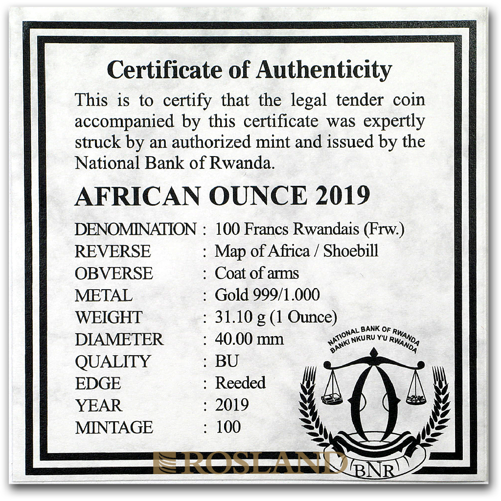 1 Unze Goldmünze Ruanda Wildlife Schuhschnabel 2019 (Box, Zertifikat)