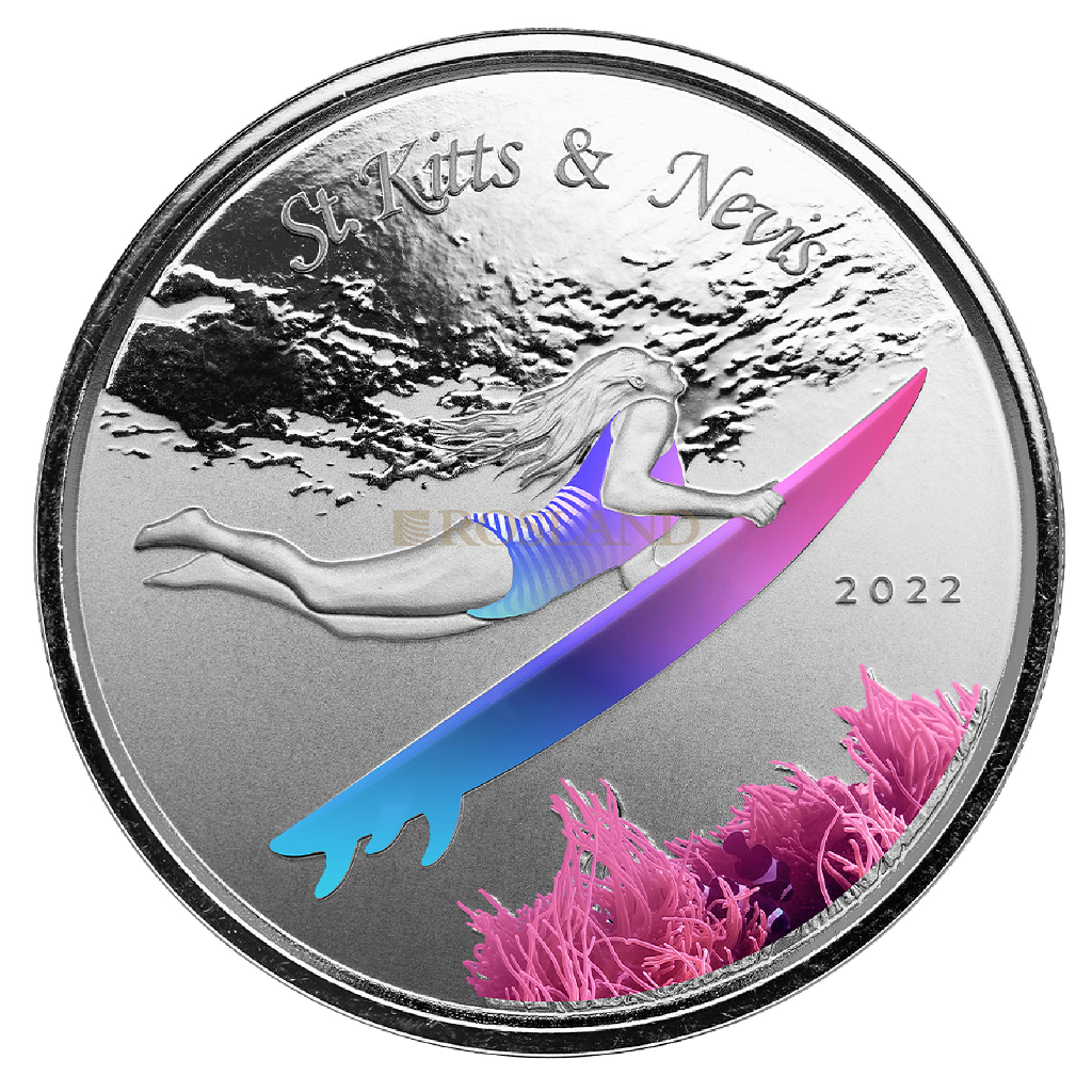 1 Unze Silbermünze EC8 St. Kitts & Nevis Underwater Surfer 2022 PP (Koloriert, Box)