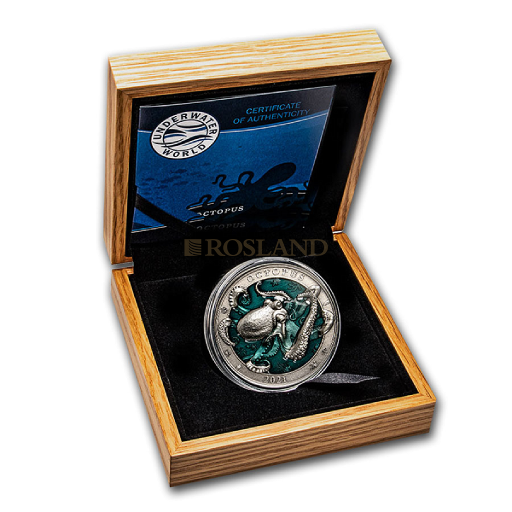 3 Unzen Silbermünze Unterwasserwelt Oktopus 2021 (Antik, Box, Zertifikat)