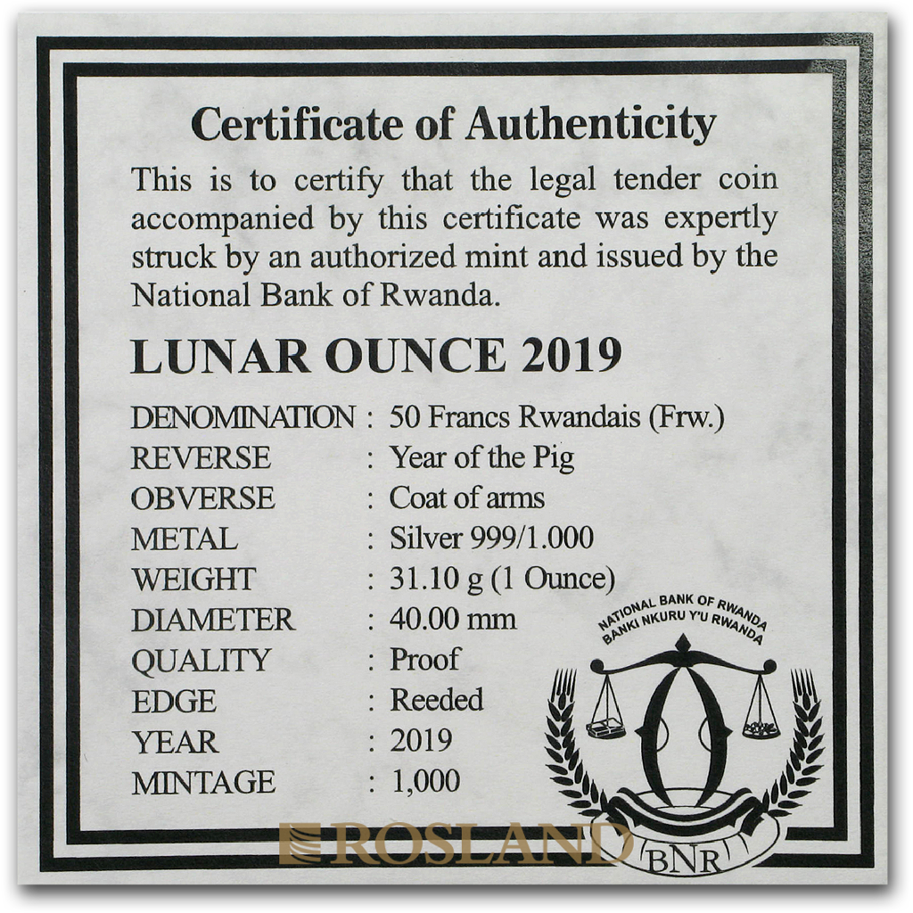1 Unze Silbermünze Ruanda Lunar Schwein 2019 PP