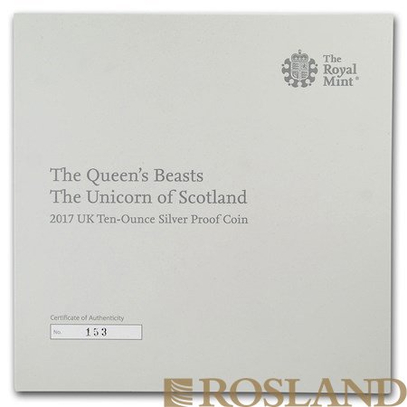 10 Unzen Silbermünze Queens Beasts Unicorn 2017 PP (Box, Zertifikat)