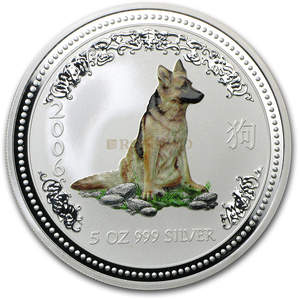 5 Unzen Silbermünze Lunar 1 Hund 2006 (Koloriert)