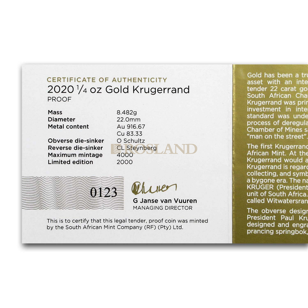 1/4 Unze Goldmünze Krügerrand 2020 PP (Box, Zertifikat)