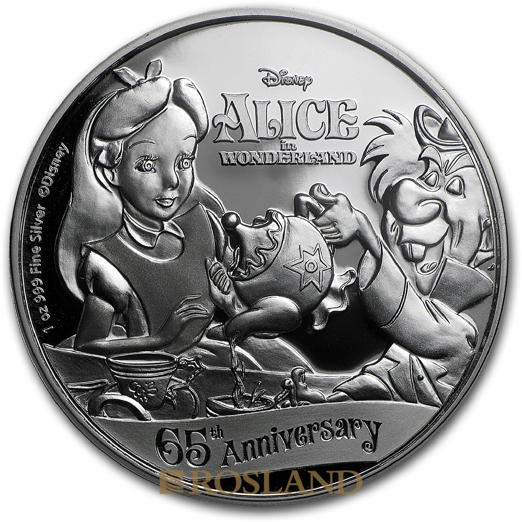 1 Unze Silbermünze Disney® Alice im Wunderland - 65 Jahre Jubiläum 2016 PP (Box, Zertifikat)