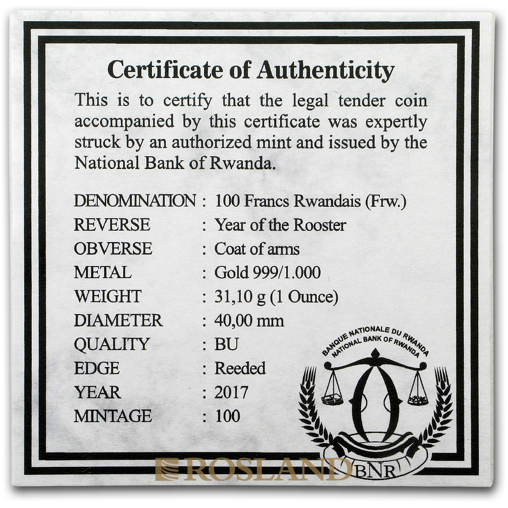 1 Unze Goldmünze Ruanda Lunar Hahn 2017 (Box, Zertifikat)