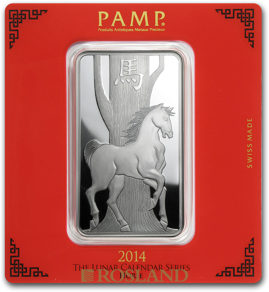 100 Gramm Silberbarren PAMP Lunar Jahr des Pferds 2014