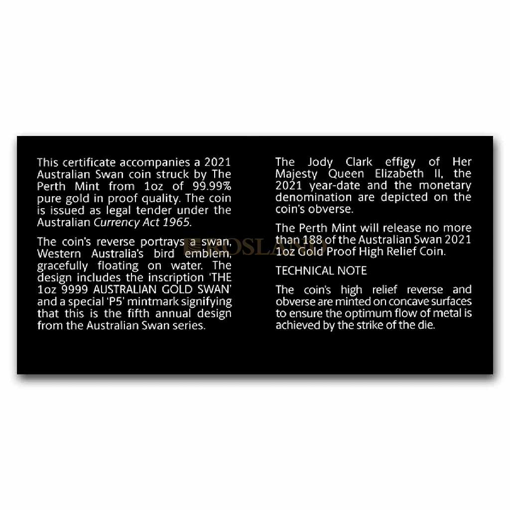 1 Unze Goldmünze Australien Schwan 2021 PP (HR, Box, Zertifikat)