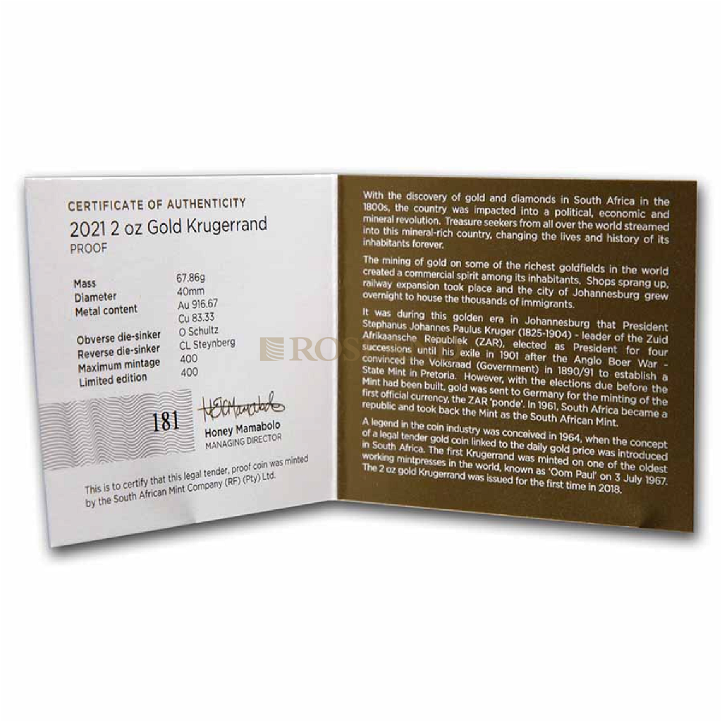 2 Unzen Goldmünze Krügerrand 2021 PP (Box, Zertifikat)