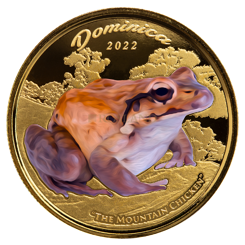 1 Unze Goldmünze EC8 Dominica Mountain Chicken 2022 PP (Koloriert, Box, Zertifikat)