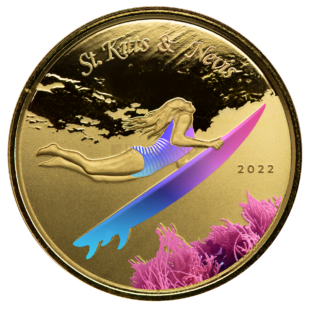 1 Unze Goldmünze EC8 St. Kitts & Nevis Surfer 2022 PP (Koloriert, Box, Zertifikat)