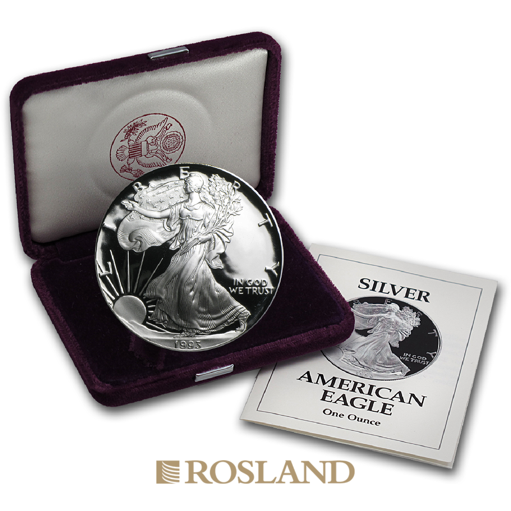 1 Unze Silbermünze American Eagle 1993 (P) PP (Box, Zertifikat)