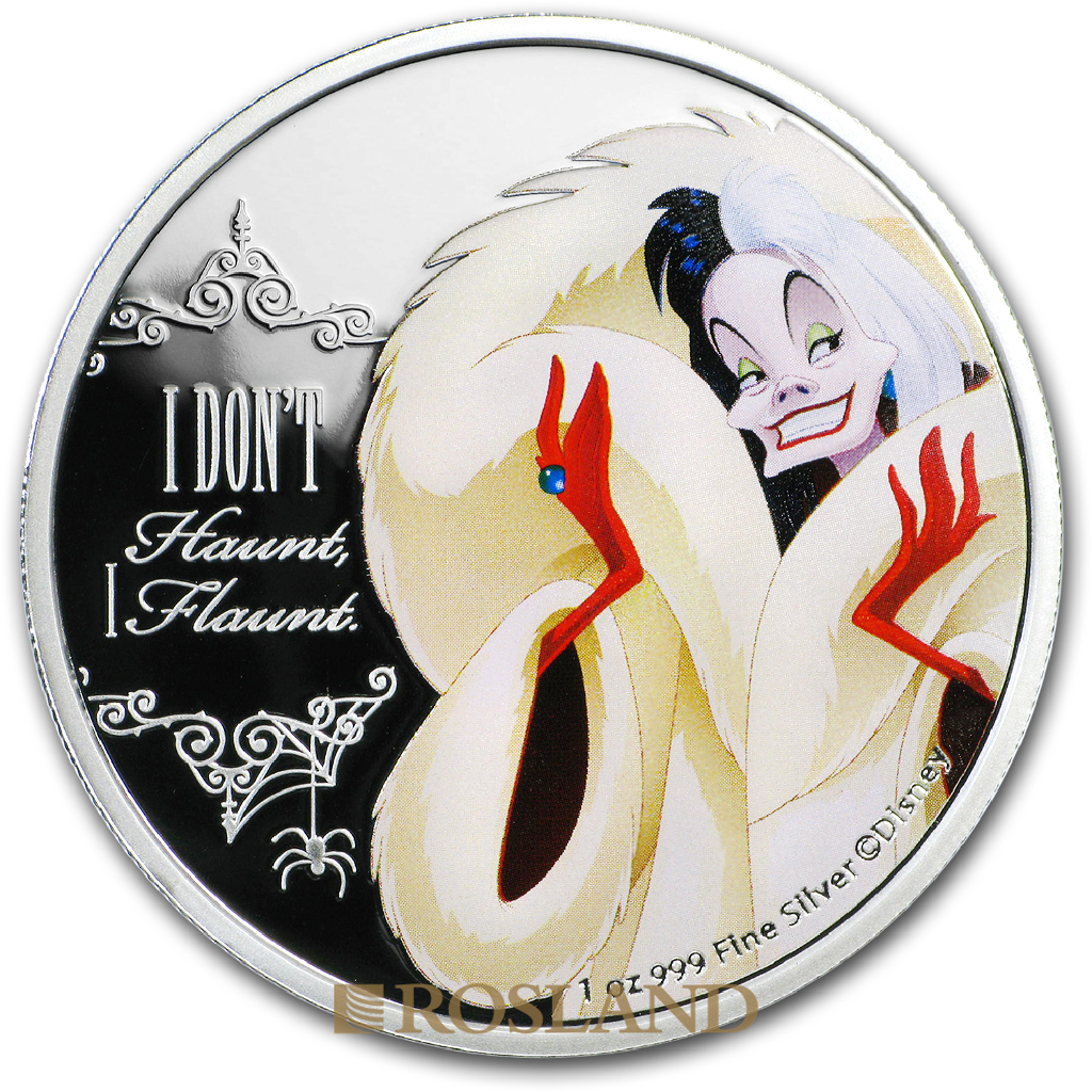 1 Unze Silbermünze Disney© Cruella De Vil 2018 PP (Koloriert, Box, Zertifikat)