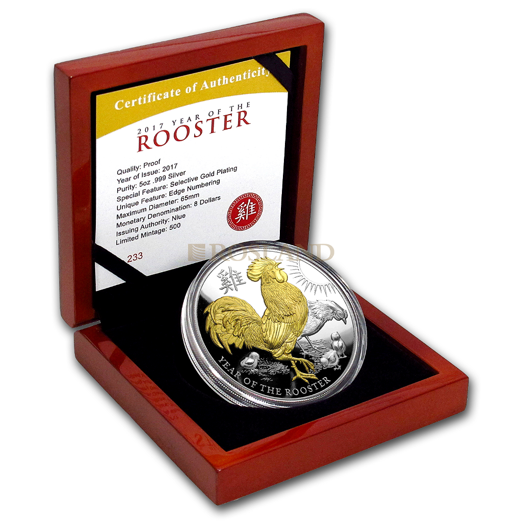 5 Unzen Silbermünze Niue Lunar Jahr des Hahns 2017 PP (Vergoldet, Box, Zertifikat)