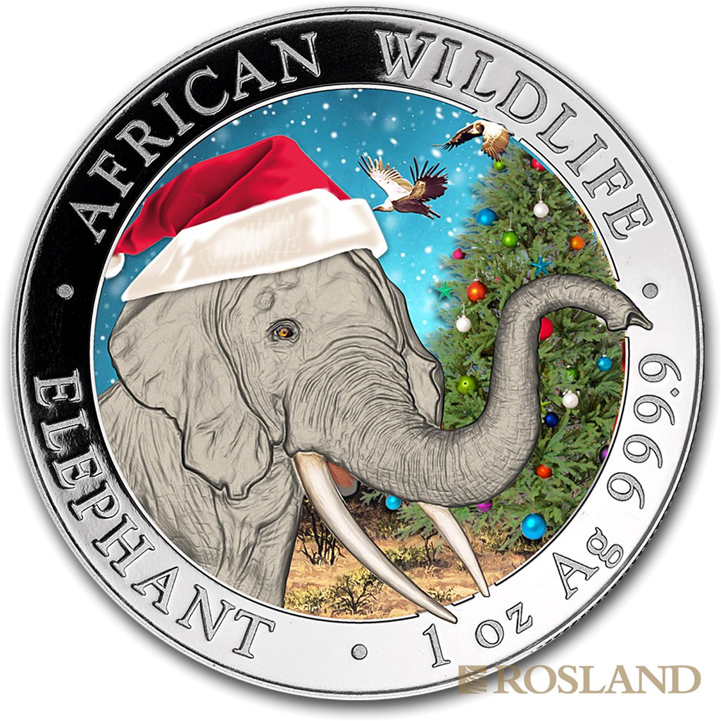 1 Unze Silbermünze Somalia Elefant 2018 Weihnachten Schneekugel (Koloriert, Box, Zertifikat)
