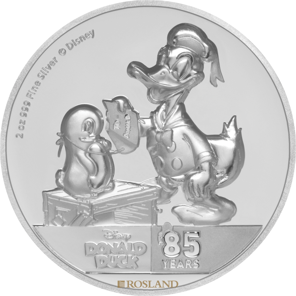 2 Unzen Silbermünze Disney® Donald Duck 85 Jahre Jubiläum 2019 PP (UHR, Box, Zertifikat)