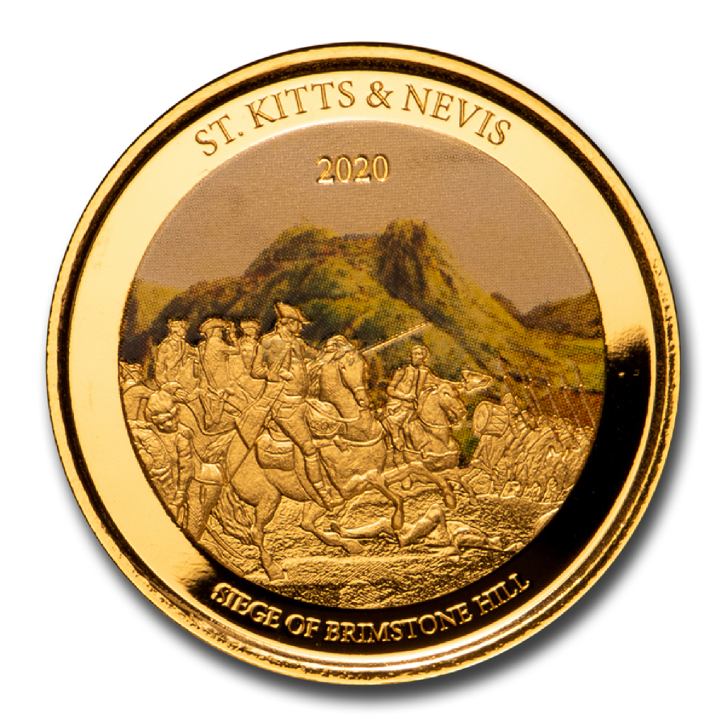 1 Unze Goldmünze EC8 St. Kitts & Nevis Brimstone Hill 2020 PP (Koloriert, Box, Zertifikat)