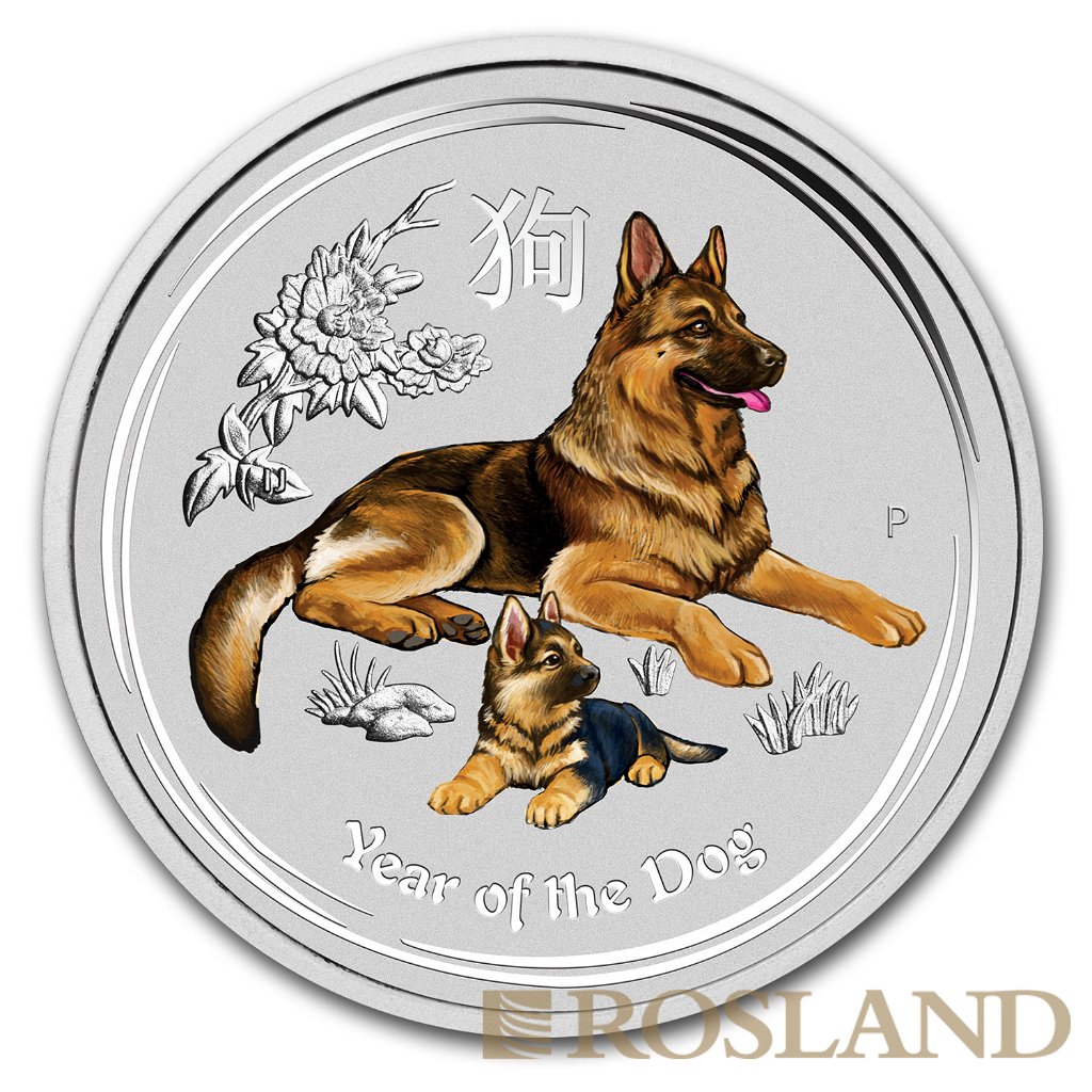 2 Unzen Silbermünze Lunar 2 Hund 2018 (Koloriert)