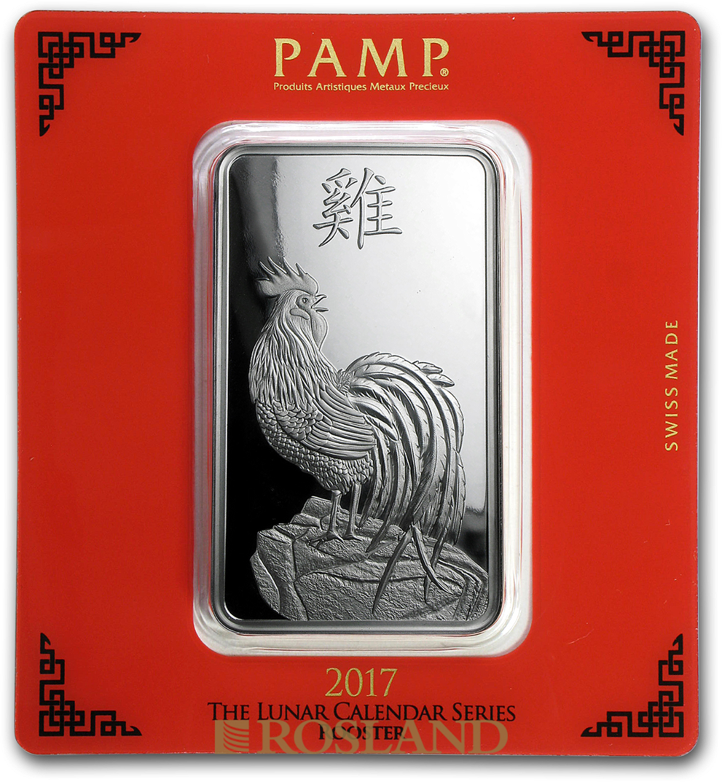 100 Gramm Silberbarren PAMP Lunar Jahr des Hahns 2017