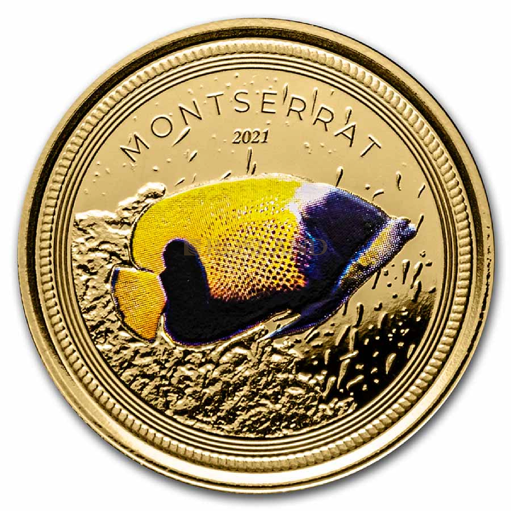 1 Unze Goldmünze EC8 Montserrat Blue Girdled Angelfish 2021 PP (Koloriert, Box, Zertifikat)